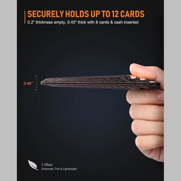 Slim Minimalist Front Pocket RFID Blocking Leather Wallets Carbon Fiber Coffee - Picture 7 of 7